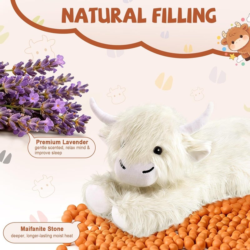 JILPAK Highland Cow Stuffed Animals - Heatable Weighted Stuffed Animals, Lavender Scented Cow Plush for Sooth & Relax, Microwave Heating Pad for Period Cramps Pain & Stress Relief, Highland Cow Gifts (White) - Image 3