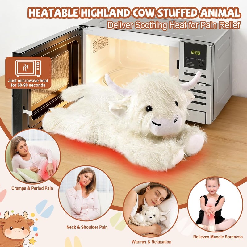JILPAK Highland Cow Stuffed Animals - Heatable Weighted Stuffed Animals, Lavender Scented Cow Plush for Sooth & Relax, Microwave Heating Pad for Period Cramps Pain & Stress Relief, Highland Cow Gifts (White) - Image 4