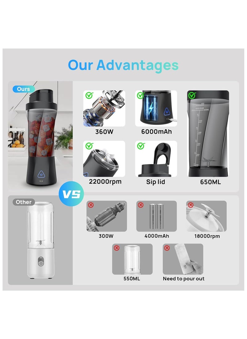 360W Portable Blender Cordless, 22oz Personal Blender for Smoothies and Shakes, Mini Blender Bottle with 6000mah Battery, BPA Free, 22000rpm Small Travel Blender Cup for Home, Kitchen, Gym