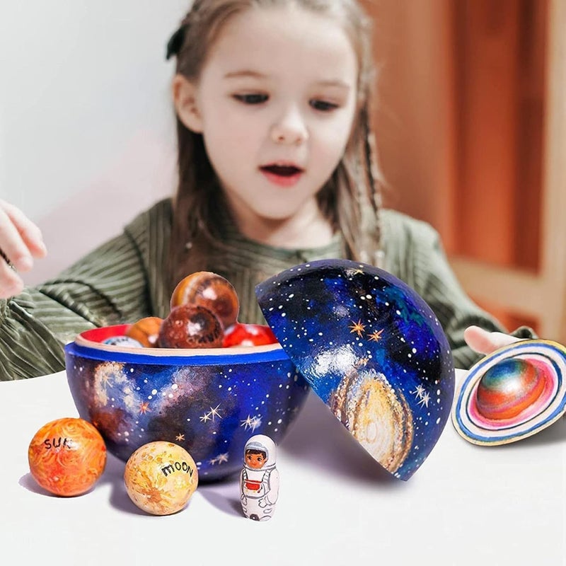 klarako Wooden Solar System Cosmos Learning Game Toy, Solar Planets System Model Kit, Cosmos Learning Toy with 8 Planets Sun Moon Astronaut and Rocket Model, Explore the Mystery Of the Universe (Blue) - Image 3