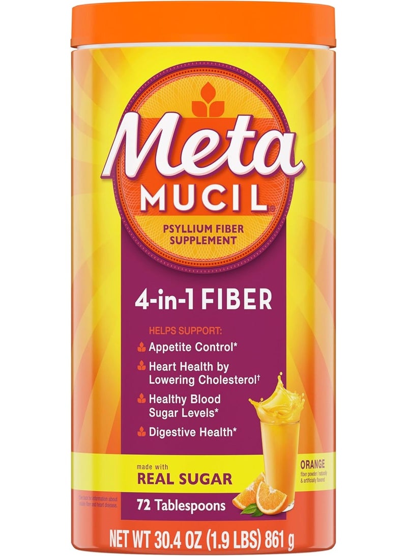 Metamucil مسحوق مكمل الألياف 4 في 1 من السيليوم مع سكر حقيقي، بنكهة البرتقال، 72 حصة، 1.9 رطل - Image 1
