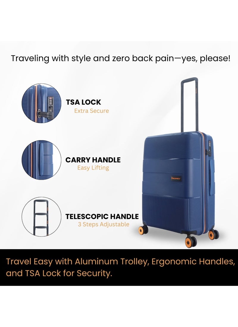 Discovery - Discovery Trails Check-In Large PP Hardside Luggage Navy, Durable Expandable Unbreakable Double Zip Lightweight Travel Bag 4 Double Wheel TSA Lock 30 Inch Suitcase Trolley Bag. - Image 1