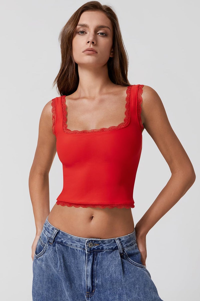 QINSEN Womens Sleeveless Lace Trim Tank Tops Summer Square Neck Slim Fit Cropped Tee Shirt Fairy Red S - Image 5