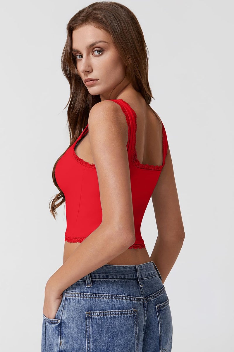 QINSEN Womens Sleeveless Lace Trim Tank Tops Summer Square Neck Slim Fit Cropped Tee Shirt Fairy Red S - Image 2