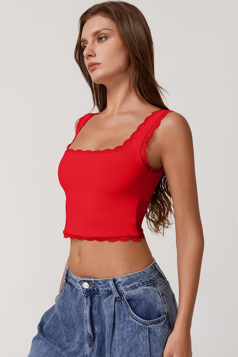 QINSEN Womens Sleeveless Lace Trim Tank Tops Summer Square Neck Slim Fit Cropped Tee Shirt Fairy Red S - Image 4