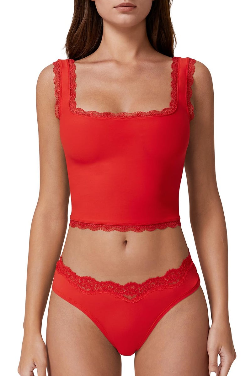 QINSEN Womens Sleeveless Lace Trim Tank Tops Summer Square Neck Slim Fit Cropped Tee Shirt Fairy Red S - Image 1