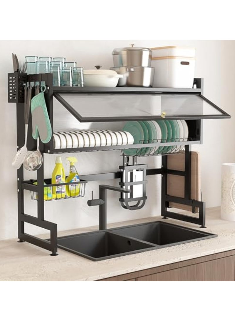 آسي بلاي رف تجفيف الصحون فوق الحوض بثلاث طبقات، سم، منظم مطبخ بسعة كبيرة مع غطاء وسلال وحامل أدوات، باللون الأسود - Image 1