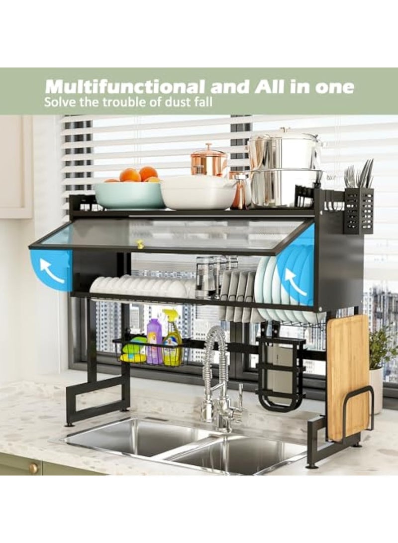 آسي بلاي رف تجفيف الصحون فوق الحوض بثلاث طبقات، سم، منظم مطبخ بسعة كبيرة مع غطاء وسلال وحامل أدوات، باللون الأسود - Image 2