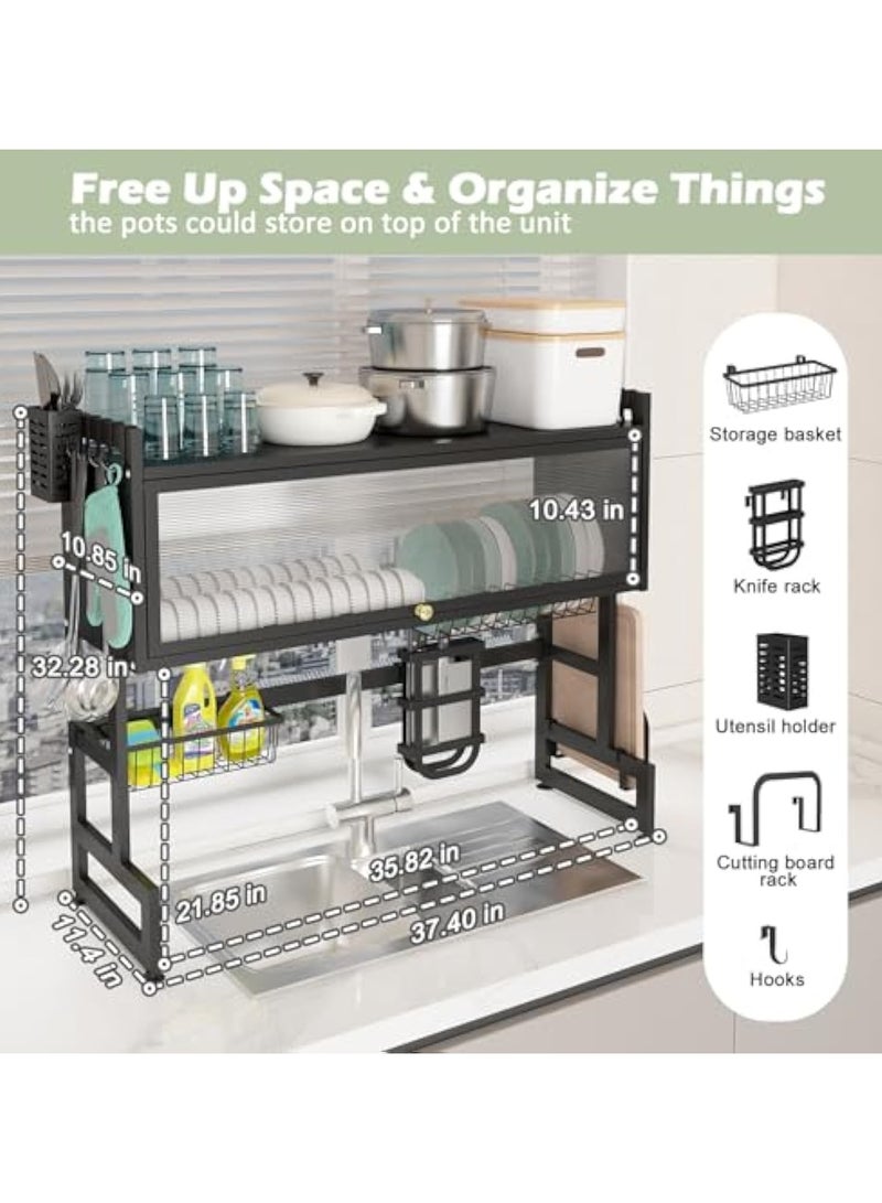 آسي بلاي رف تجفيف الصحون فوق الحوض بثلاث طبقات، سم، منظم مطبخ بسعة كبيرة مع غطاء وسلال وحامل أدوات، باللون الأسود - Image 4