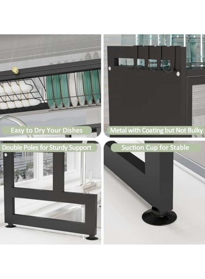 آسي بلاي رف تجفيف الصحون فوق الحوض بثلاث طبقات، سم، منظم مطبخ بسعة كبيرة مع غطاء وسلال وحامل أدوات، باللون الأسود - Image 5