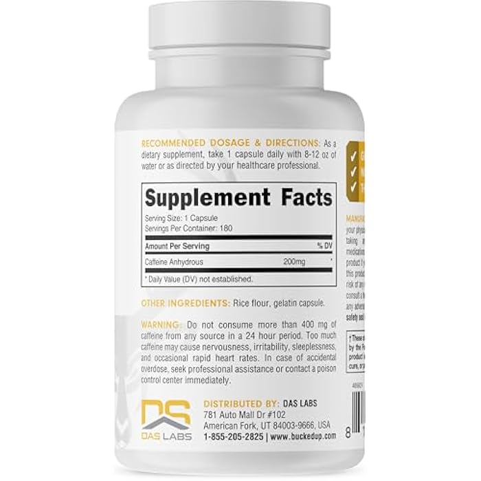 Bucked Up Caffeine 200mg Per Serving, Essentials (180 Servings, 180 Capsules) - Image 3