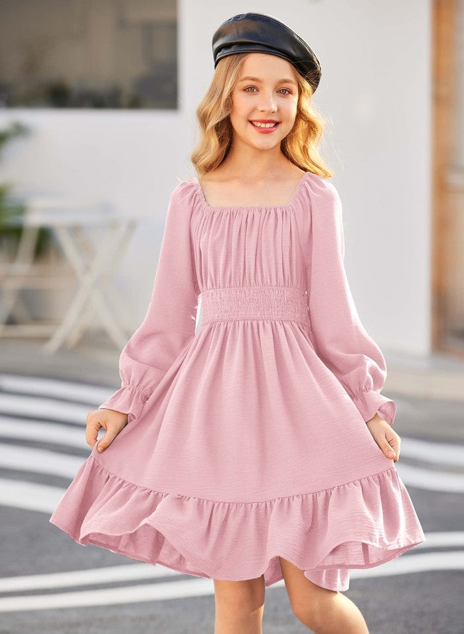 Arshiner Girls Tie Back Short Sleeve Ruffle Hem Off Shoulder Casual Elegant Dresses 4-12 Years, Ls-pink, 12-13 Years - Image 2