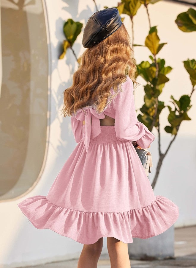 Arshiner Girls Tie Back Short Sleeve Ruffle Hem Off Shoulder Casual Elegant Dresses 4-12 Years, Ls-pink, 12-13 Years - Image 4