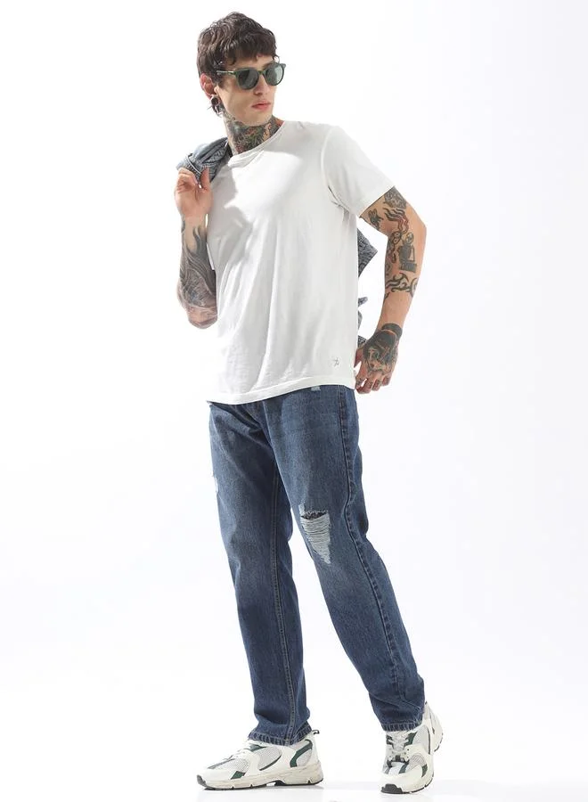 HIGH STAR Men Relaxed Straight Fit Mid-Rise Light Fade Distress Knee Cotton Jeans