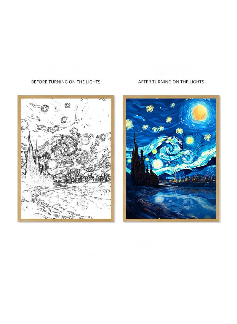 general Van Gogh Lighting Painting Decoration 3 Colors LED Light Painting Wall Decoration Art Of Light And Shadow Photo Frames LED Luminous Photo Frame Family Bedroom Living Room Night Lights - Image 1