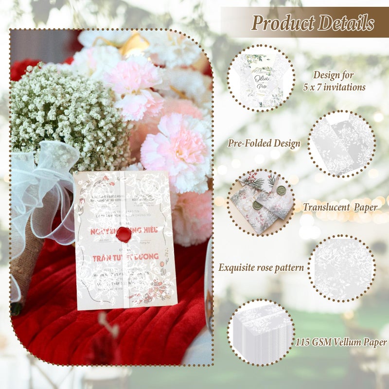 Ysglory 100 Pcs Vellum Jackets for 5x7 Invitations Floral Vellum Paper Invitation Sleeves Pre-Folded Translucent Envelope Inserts liner 115 GSM for Wedding, Birthdays, Bridal Baby Showers - Image 4