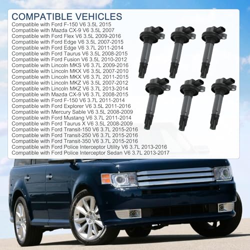 DICMIC Set of 6 Ignition Coil Pack & Spark Plug Compatible with Ford Edge Explorer F-150 Flex Fusion Mustang Taurus Lincoln MKS MKX MKZ Mazda CX-9 V6 3.5L 3.7L Replace# UF553, C1595, 48856, GN10237 - Image 2