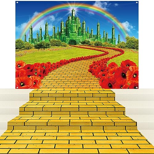 Jectivs 4Pack Yellow Brick Road Runner and Emerald Castle Backdrop for Wizard Party Decorations,Yellow Brick Stone Road Leading Emerald Castle Rainbow Background for Photography Halloween Princess Party Decor - Image 1