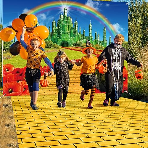 Jectivs 4Pack Yellow Brick Road Runner and Emerald Castle Backdrop for Wizard Party Decorations,Yellow Brick Stone Road Leading Emerald Castle Rainbow Background for Photography Halloween Princess Party Decor - Image 4