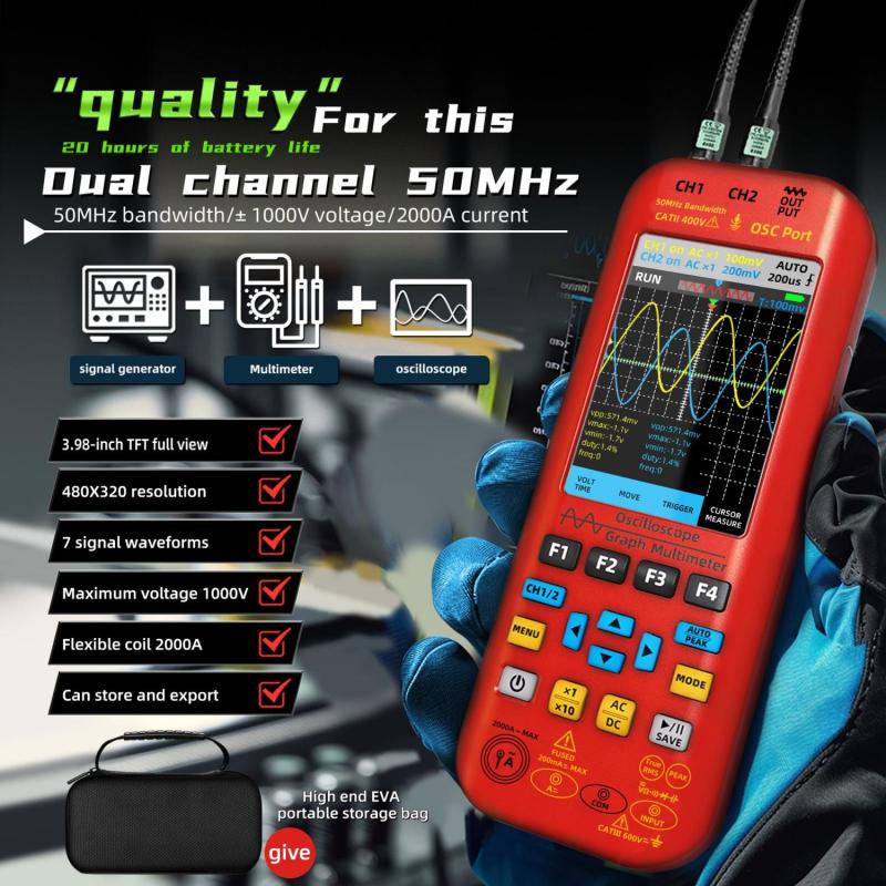 Handheld Oscilloscope: 50MHz Bandwidth 250MS/s Sampling 4-In-1 Multifunctional - 5000mAh Rechargeable Battery Signal Generator for Professional Electronic Testing Hobbyist On-The-Go Use - Image 3