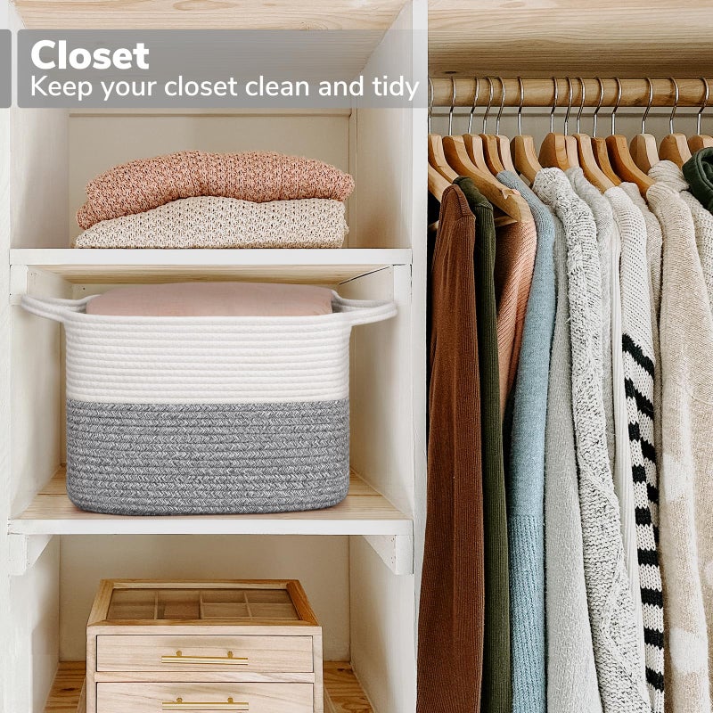 Goodpick Woven Storage Basket, Cotton Rope Baskets for Organizing, Closet Storage Bins with Handles, Small Laundry Basket for Clothes, Towels and Shoes, 13''x10''x9'', Gray and White - Image 5