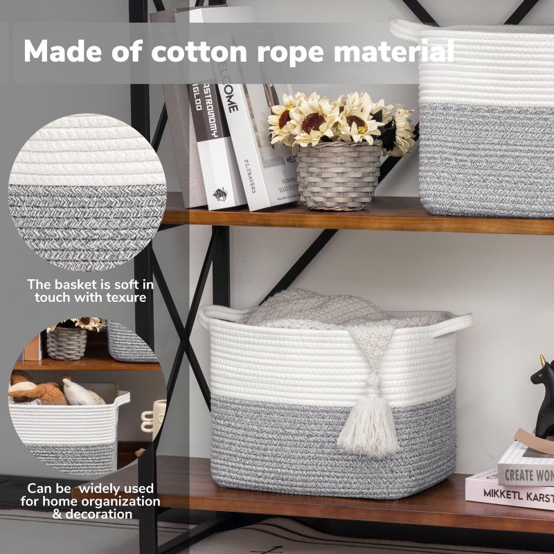 Goodpick Woven Storage Basket, Cotton Rope Baskets for Organizing, Closet Storage Bins with Handles, Small Laundry Basket for Clothes, Towels and Shoes, 13''x10''x9'', Gray and White - Image 4