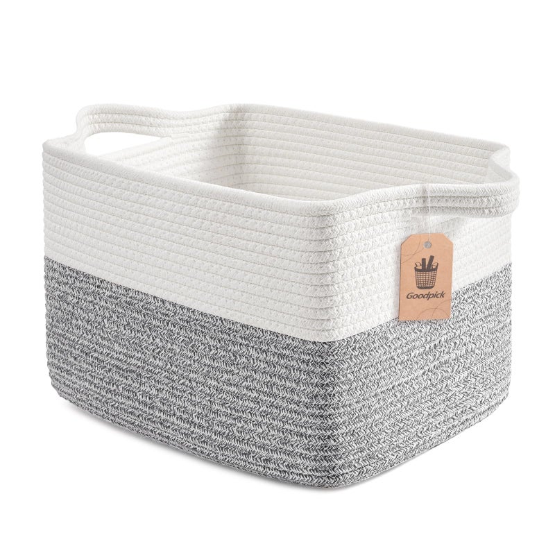 Goodpick Woven Storage Basket, Cotton Rope Baskets for Organizing, Closet Storage Bins with Handles, Small Laundry Basket for Clothes, Towels and Shoes, 13''x10''x9'', Gray and White - Image 1