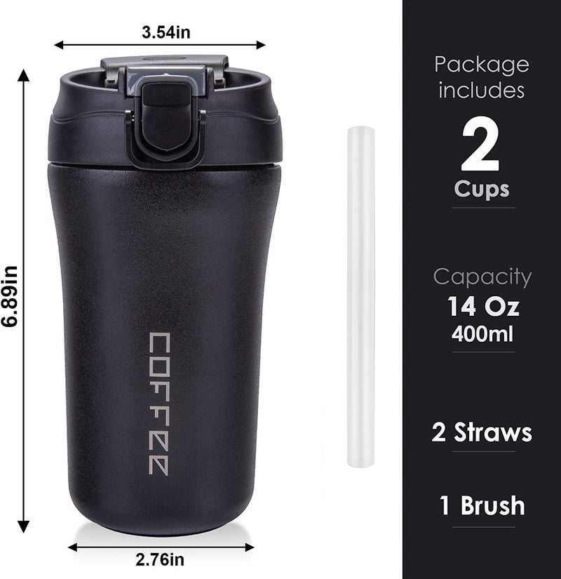 Wosta 400Ml Travel Coffee Mug, 2 Pack Vacuum Insulated Tea Travel Mug Spill Proof with Lid and Straw, Reusable Coffee Tumbler for Keep Hot/Ice Coffee,Tea and Beer, Car Thermos Cup Gift for Men and Women - Image 4