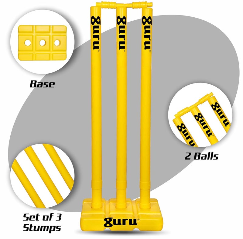 guru مجموعة كريكيت ويكيت، مجموعة كريكيت ثقيلة من البلاستيك - 3 أعمدة + 2 بيل + 1 قاعدة (أصفر) - Image 4