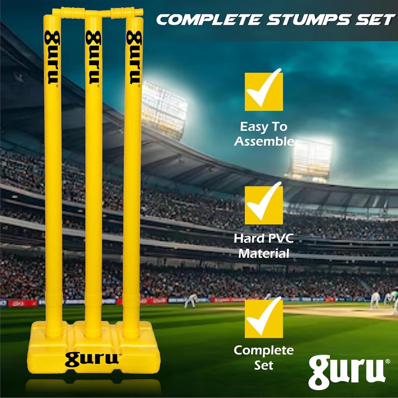 guru مجموعة كريكيت ويكيت، مجموعة كريكيت ثقيلة من البلاستيك - 3 أعمدة + 2 بيل + 1 قاعدة (أصفر) - Image 3