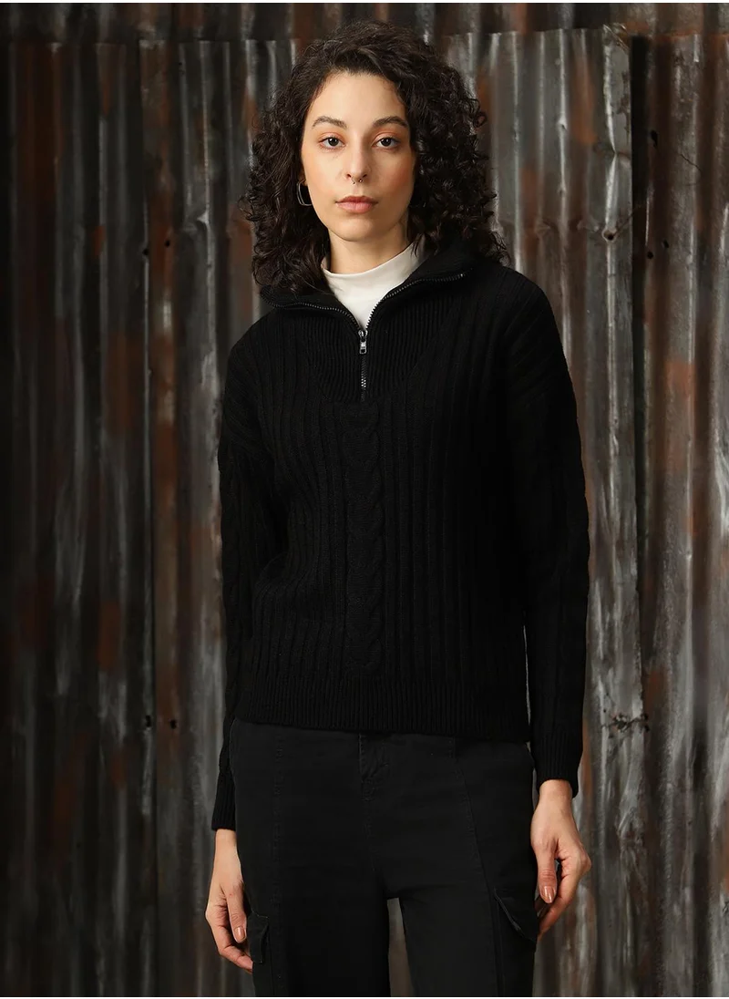 هاي ستار Women's Black 100% Acrylic Solid Regular Fit Sweater