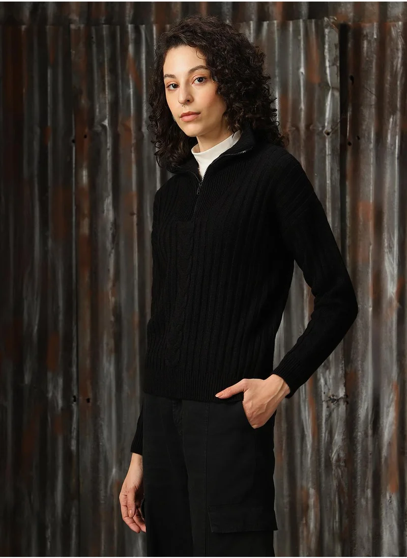 هاي ستار Women's Black 100% Acrylic Solid Regular Fit Sweater