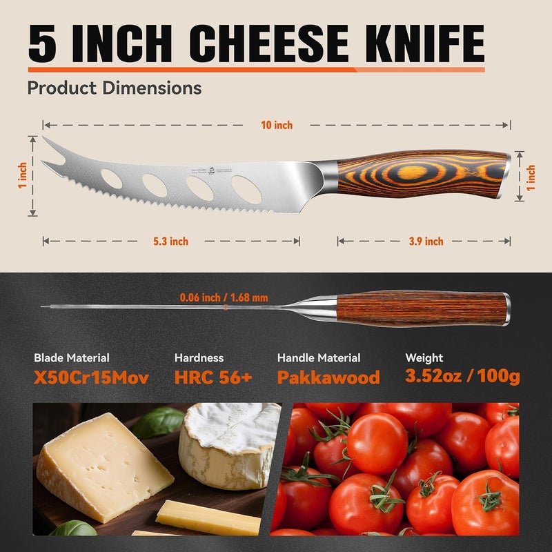 TUO Cheese Knife, Tomato Knife 5.5" Serrated Blade, High Carbon German Steel, Mutil-Use Non Stick Design, Pakkawood Handle - Fiery Phoenix Series - Image 3