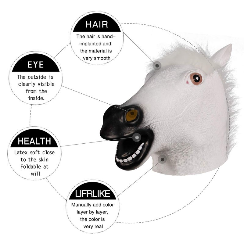 MOLEZU White Horse Head Mask for Adult, Rubber Latex Animal Mask for Halloween Costume Party Masquerade - Image 3
