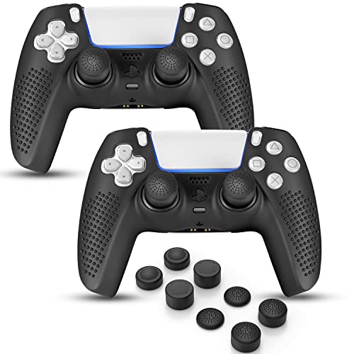 FAMOMI PS5 Controller Skin, Anti-Slip Soft Silicone Protective Cover Case for PlayStation 5 Controller Grip Accessories, 2 Pack with 8 x Thumb Grip Caps (Black&Black) - Image 1