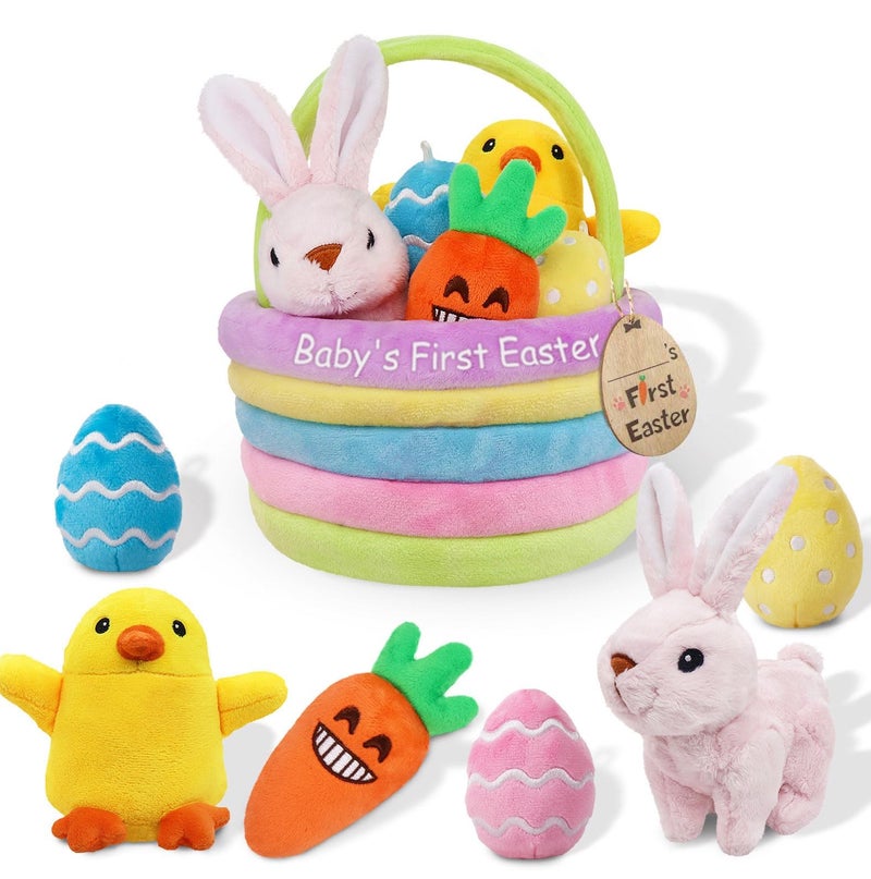 Ivenf Baby's First Personalized Easter Basket Stuffers Playset, 7ct Stuffed Plush Bunny Chick Carrot Egg for Babies Girls Boys Kids Infant Toddler, Easter Party Gifts, Easter Decorations Party Supplies - Image 1