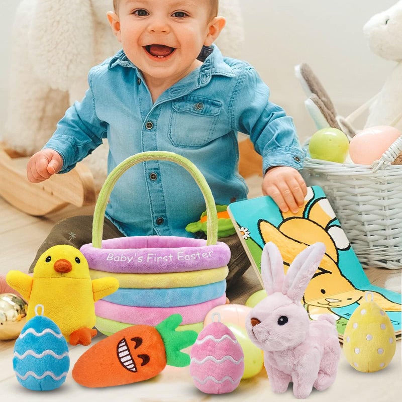 Ivenf Baby's First Personalized Easter Basket Stuffers Playset, 7ct Stuffed Plush Bunny Chick Carrot Egg for Babies Girls Boys Kids Infant Toddler, Easter Party Gifts, Easter Decorations Party Supplies - Image 3