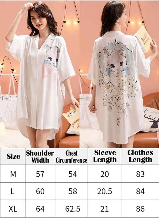 ZCM-HAPPY - Ladies Spring And Summer Chiffon Short-Sleeved Printed Shirt Nightdress Sleepwear Nightwear - Image 1