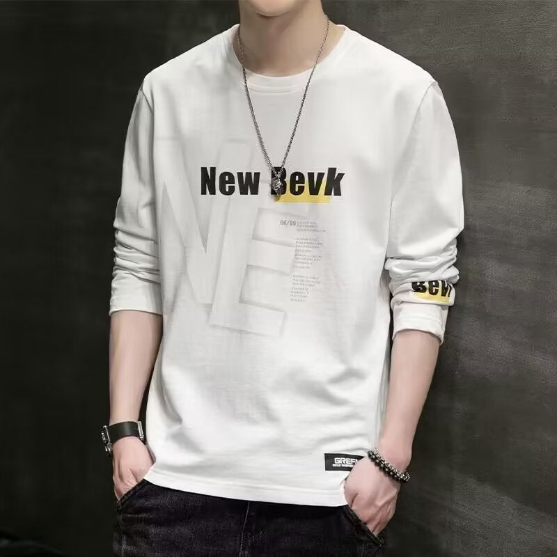 2024 Autumn and Winter Long Sleeve T-Shirt Mens Crewneck Pullover Ins Casual Mens Loose plus size Base Shirt Student Trendy New Style White -317 Long Sleeve 