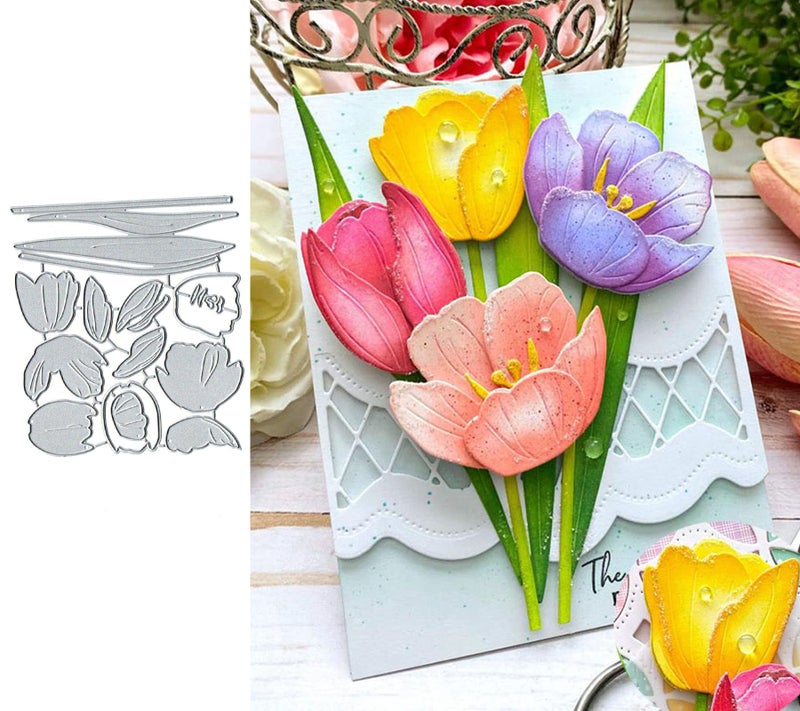 PaleeryFC Tulip Flower Set Metal Die CutsSpring Leaf Card Cutting Dies Cut Stencils for DIY Scrapbooking Album Decorative Embossing Paper Making Silver 1210cm472x393inch
