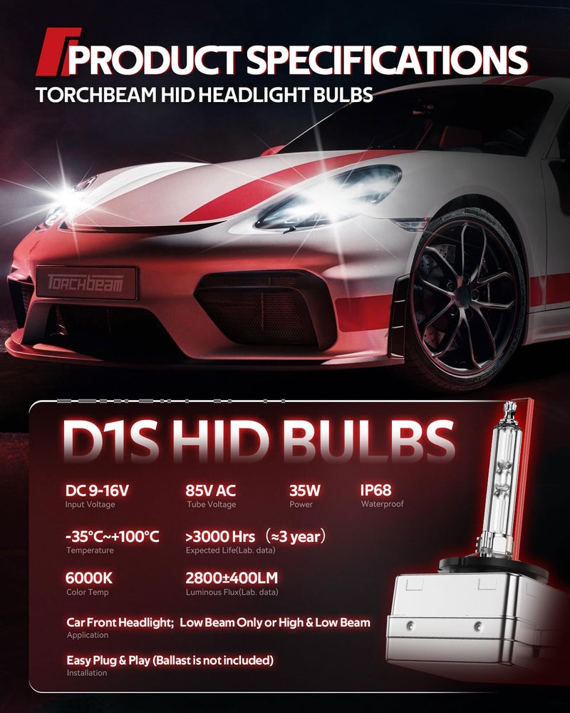 Torchbeam D1S HID bulbs, 6000K Cool White, 150% Lighting Distance, Xenon Bulb, IP67 Design for Replace 66144 66140 85140 85415 85415C1, Pack of 2 - Image 2