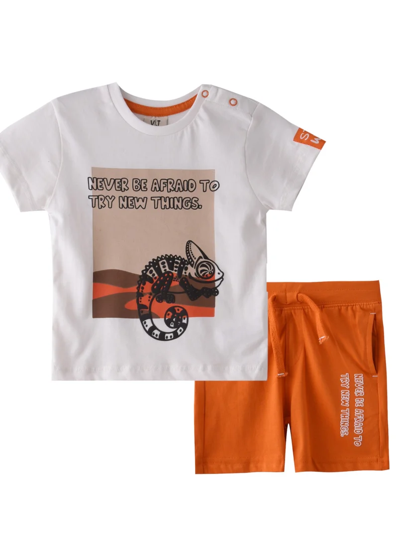 victor and jane Baby Boys 2 piece Set - T-Shirts & Shorts - Off-While and Orange (100% Cotton)- VJ