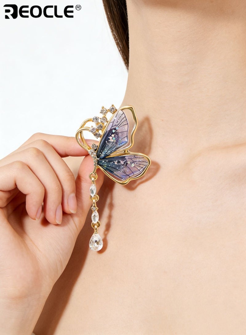 REOCLE Women's Pendant Brooch Elegant Butterfly Pin Iridescent Wing & Crystal-Accent Design for Statement-Making Outfit Styling - Image 3