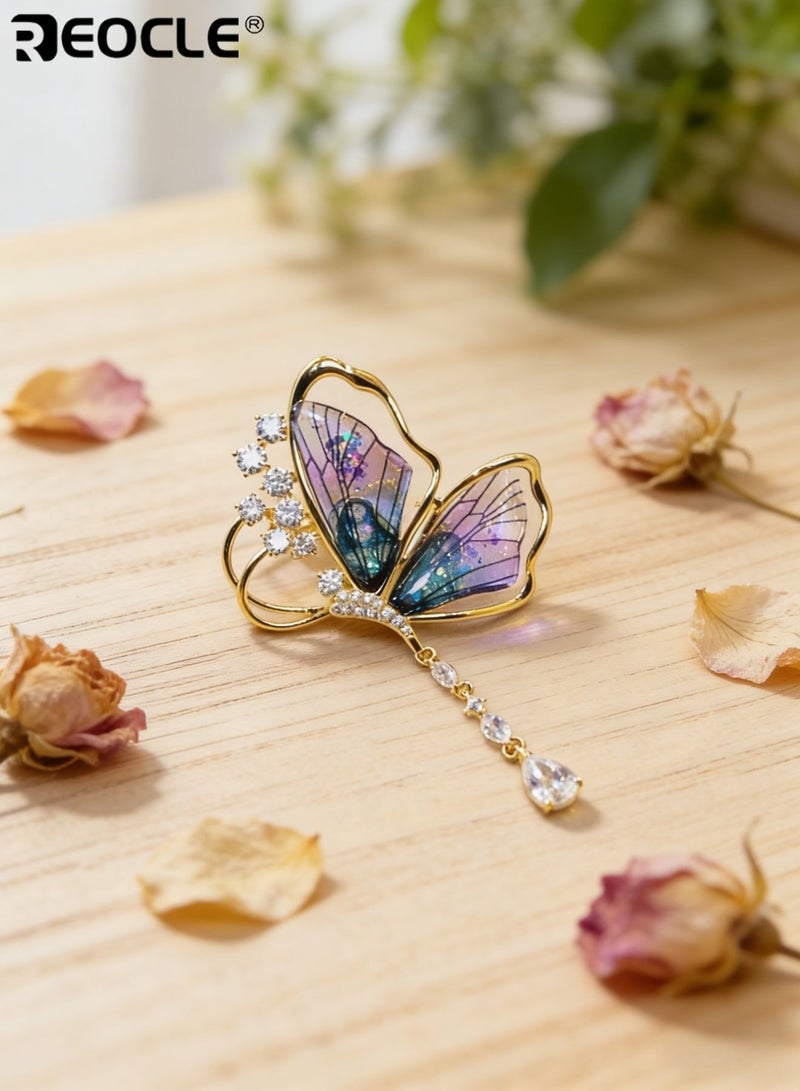 REOCLE Women's Pendant Brooch Elegant Butterfly Pin Iridescent Wing & Crystal-Accent Design for Statement-Making Outfit Styling - Image 5