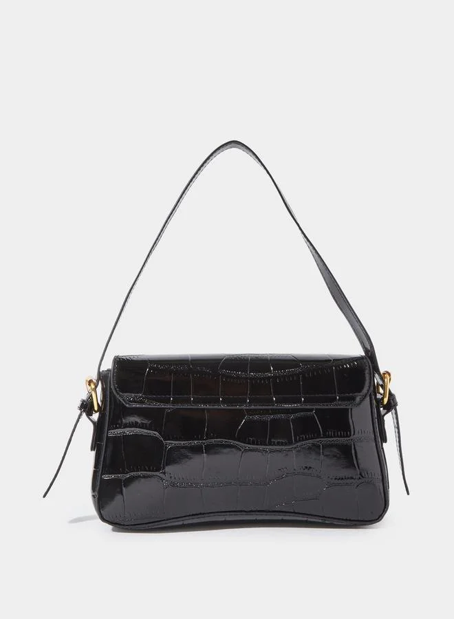 ستايلي Black Textured Flap Shoulder Bag