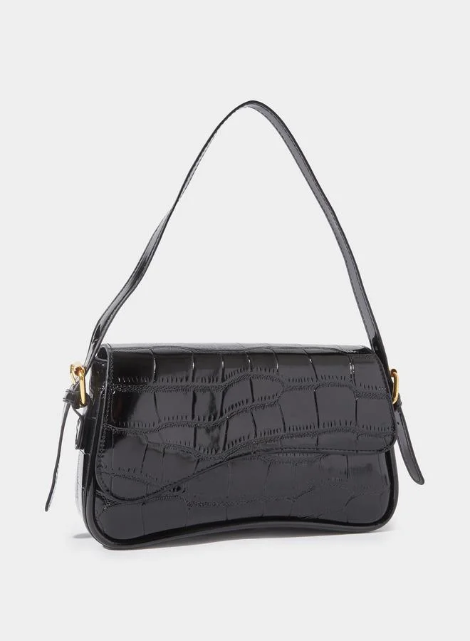 ستايلي Black Textured Flap Shoulder Bag