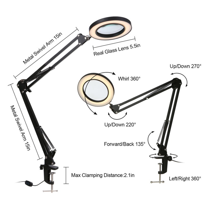 Magnifying Glass Magnifier with LEDs Clamp Clip Light 8X Magnification 10 Levels Adjustable Brightness Dimmable 3 Colors Temperature Changing Desk Lamp USB Powered Operated with Foldable Flexible Bracket Holder Rotatable Lighting Angle for Printing Machinery Carving Stamps Collecting - Image 3