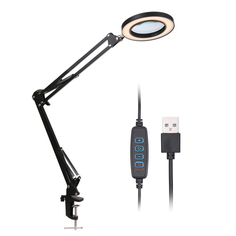 Magnifying Glass Magnifier with LEDs Clamp Clip Light 8X Magnification 10 Levels Adjustable Brightness Dimmable 3 Colors Temperature Changing Desk Lamp USB Powered Operated with Foldable Flexible Bracket Holder Rotatable Lighting Angle for Printing Machinery Carving Stamps Collecting - Image 1