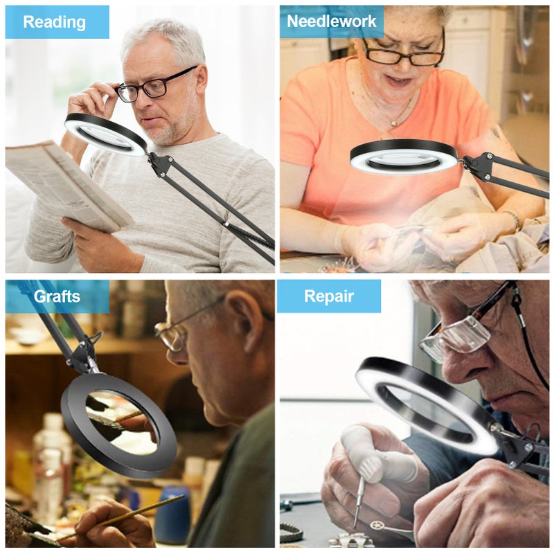 Magnifying Glass Magnifier with LEDs Clamp Clip Light 8X Magnification 10 Levels Adjustable Brightness Dimmable 3 Colors Temperature Changing Desk Lamp USB Powered Operated with Foldable Flexible Bracket Holder Rotatable Lighting Angle for Printing Machinery Carving Stamps Collecting - Image 2