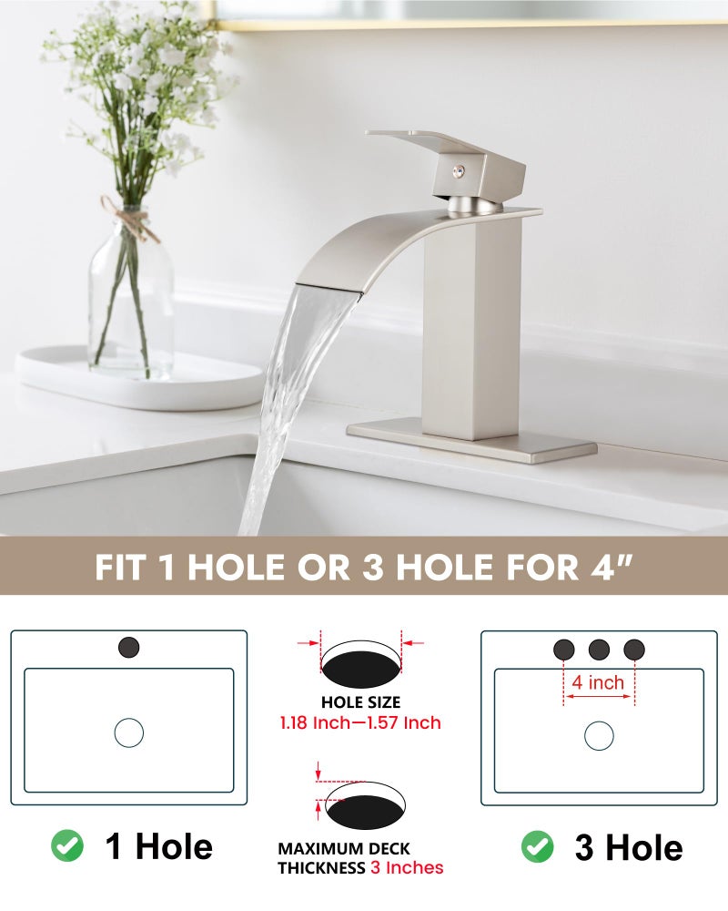 Midanya Single Hole Bathroom Faucet 1 Hole Waterfall Spout 304 Stainless Steel Bathroom Sink Faucet With Deck Plate And Pop-Up Drain Suitable For Rv Vanity Brushed Nickel - Image 4